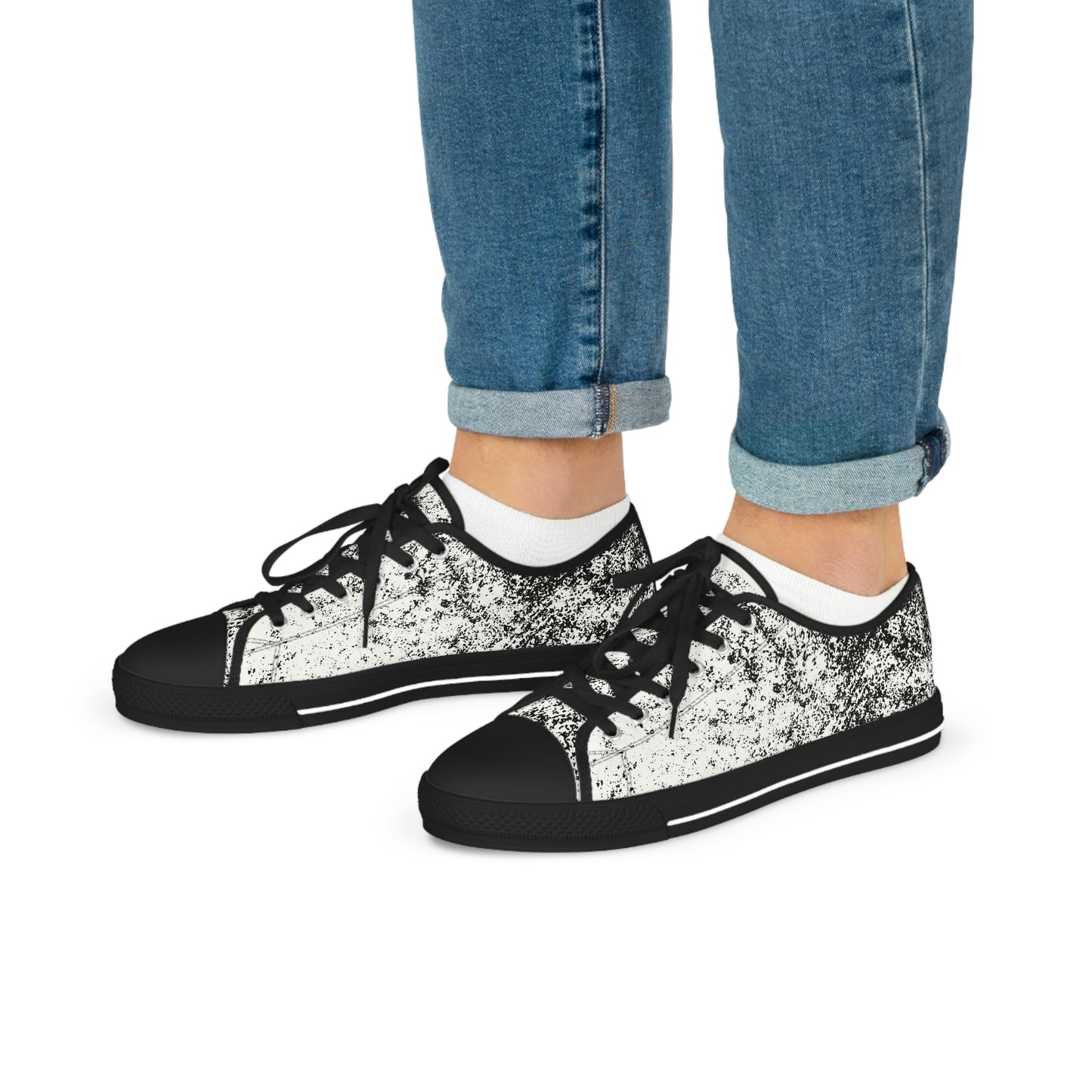 Men's Low Top Sneakers, Black and White Brick Print, Painted Shoes, Splatter Paint