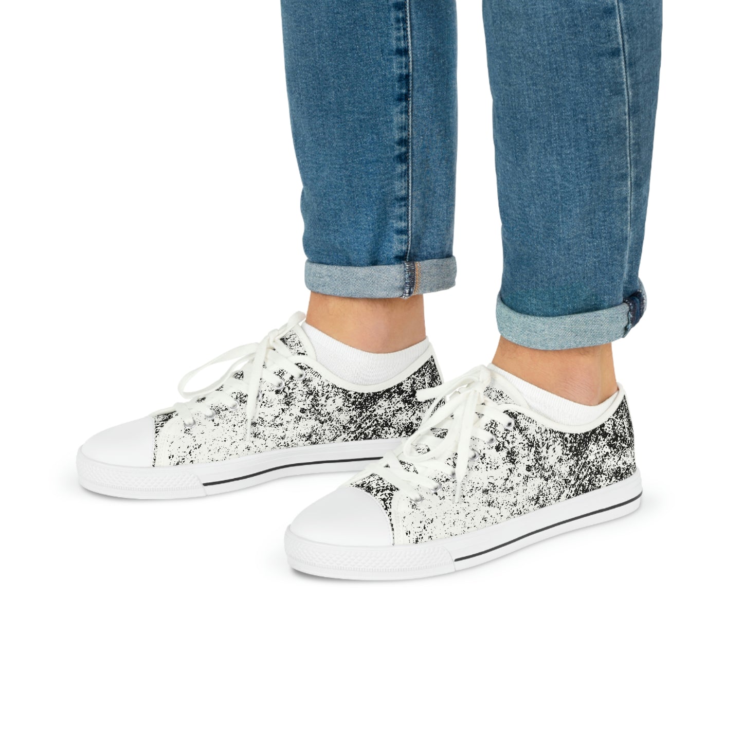 Men's Low Top Sneakers, Black and White Brick Print, Painted Shoes, Splatter Paint