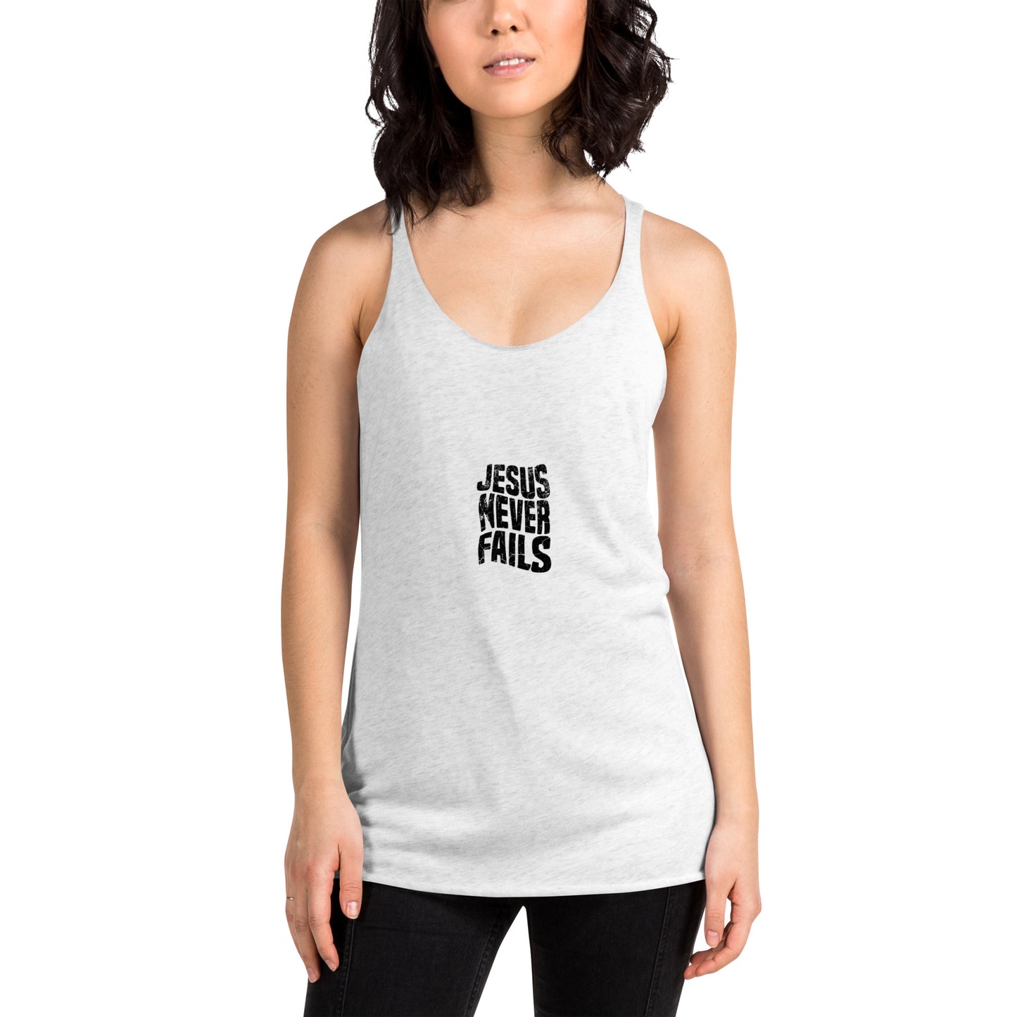 Women's Racerback Tank, Jesus Never Fails, Yoga Tank Top, Workout Shirt, Faith-Based Tank, Travel Wear, Lounge Wear