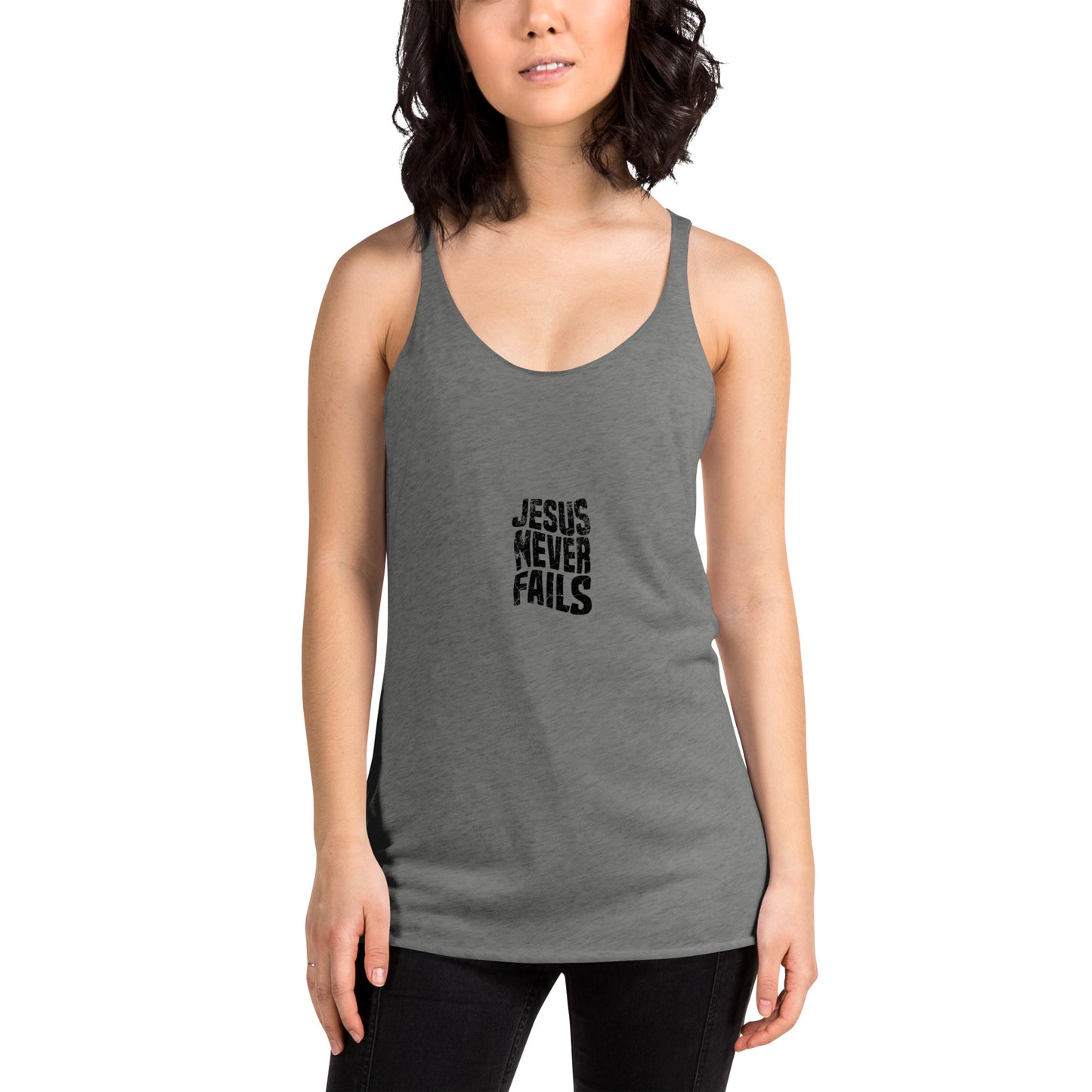 Women's Racerback Tank, Jesus Never Fails, Yoga Tank Top, Workout Shirt, Faith-Based Tank, Travel Wear, Lounge Wear