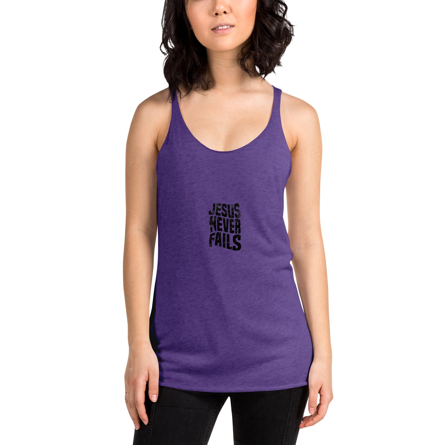 Women's Racerback Tank, Jesus Never Fails, Yoga Tank Top, Workout Shirt, Faith-Based Tank, Travel Wear, Lounge Wear